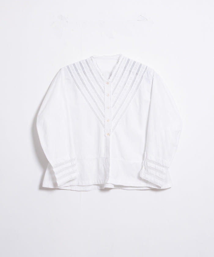FRENCH ANTIQUE LACE TRIM WHITE COTTON BLOUSE