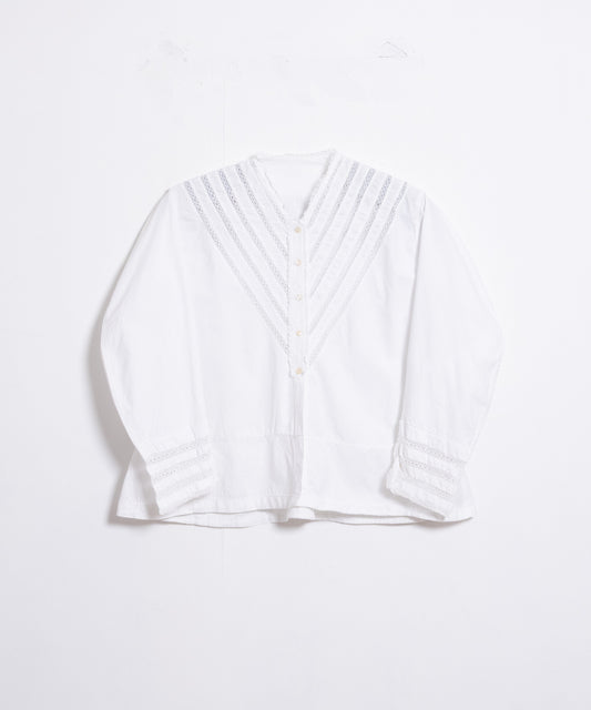 FRENCH ANTIQUE LACE TRIM WHITE COTTON BLOUSE