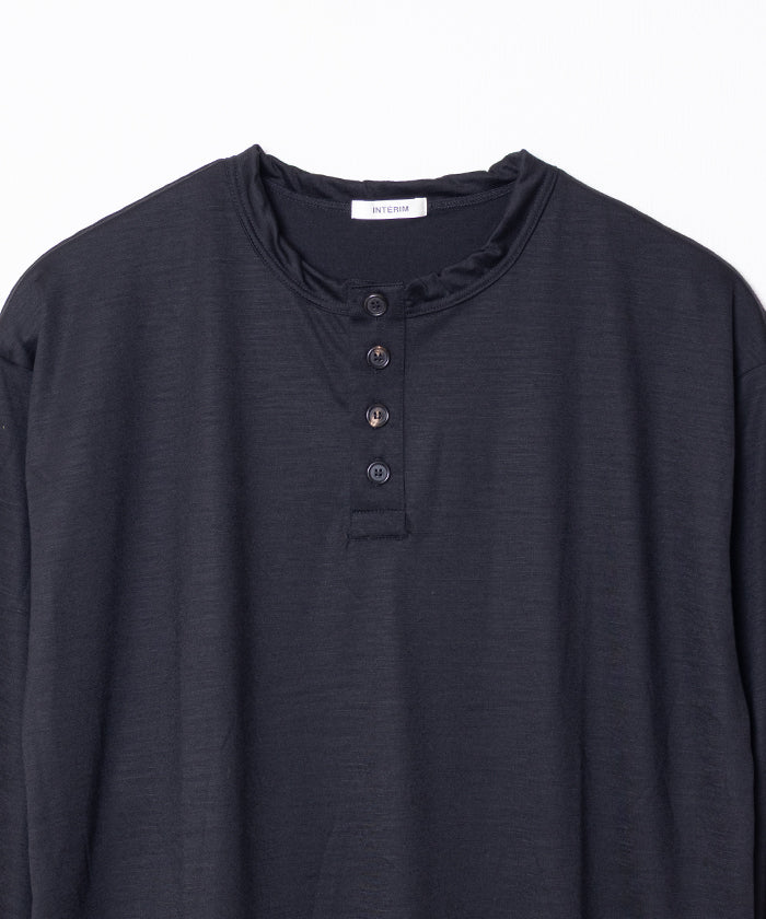 EXTRA FINE MERINO WOOL JERSEY HENRY L/S TEE - BLACK