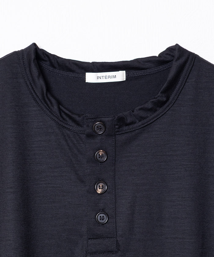 EXTRA FINE MERINO WOOL JERSEY HENRY L/S TEE - BLACK