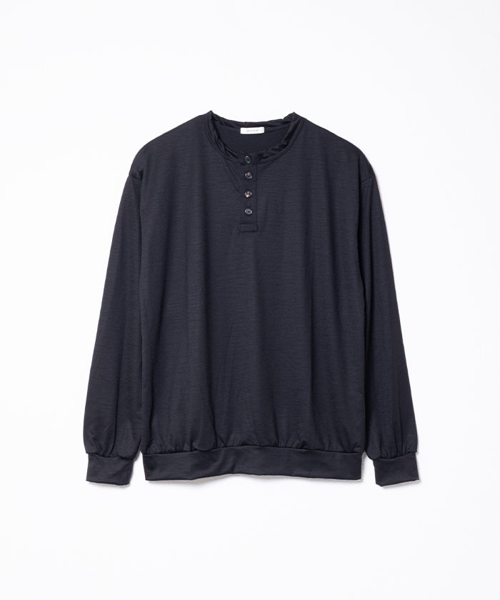 EXTRA FINE MERINO WOOL JERSEY HENRY L/S TEE - BLACK
