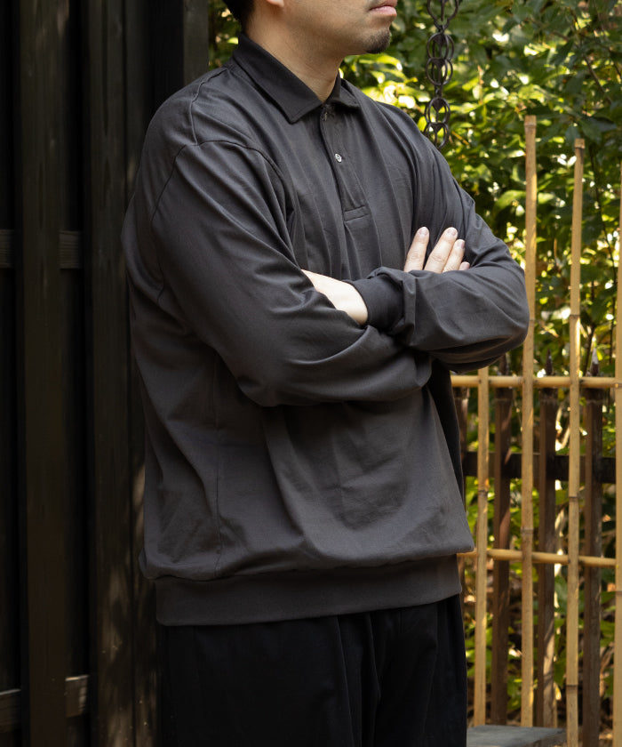 【INTÉRIM】HYPER BIG HIGH GAUGE SUVIN JERSEY LONG POLO SHIRT - SMOKE BLACK / インテリム ハイパービッグ ハイゲージ スビンコットン ジャージー 長袖ポロシャツ スモーク ブラック 2025SS 2025春夏 正規取扱店 神奈川 鎌倉 通販 オンラインショップ