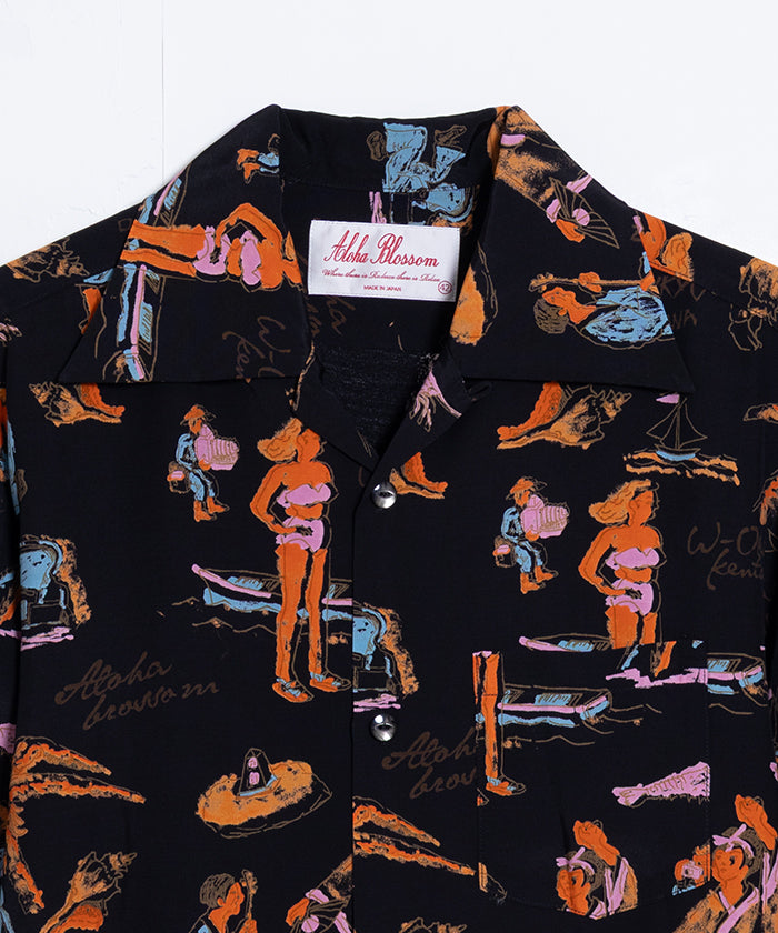 【Aloha Blossom】RYUKYU SOUVENIOR SHORT SLEEVE / アロハブロッサム レーヨン アロハシャツ ブラック 正規取扱店 神奈川 鎌倉 オンラインショップ 通販