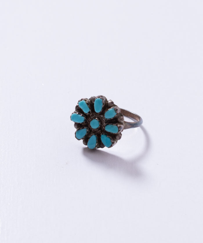 VINTAGE ZUNI PETIT POINT TURQUOISE FLOWER RING / ヴィンテージ ズニ ターコイズ シルバーリング
