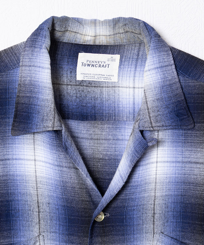 1960's TOWNCRAFT OMBRE CHECK OPEN COLLAR SHIRT RAYON