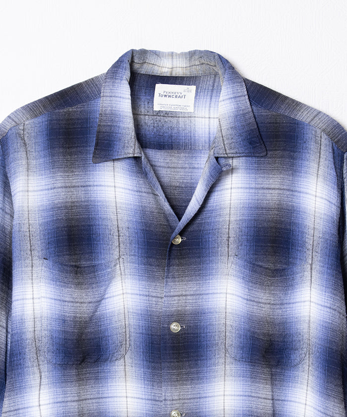 1960's TOWNCRAFT OMBRE CHECK OPEN COLLAR SHIRT RAYON