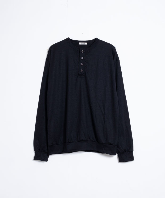 【INTÉRIM】EXTRA FINE MERINO WOOL JERSEY HENRY - BLACK / インテリム エクストラファイン メリノウール ジャージー ヘンリーネック 長袖カットソー 日本製 ロンT 正規取扱店 神奈川 鎌倉