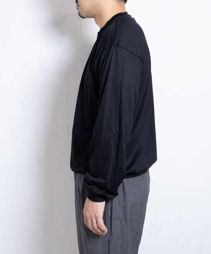 【INTÉRIM】EXTRA FINE MERINO WOOL JERSEY HENRY - BLACK / インテリム エクストラファイン メリノウール ジャージー ヘンリーネック 長袖カットソー 日本製 ロンT 正規取扱店 神奈川 鎌倉