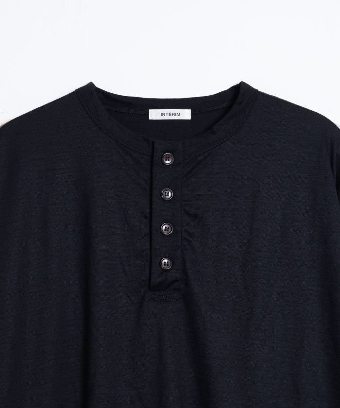 【INTÉRIM】EXTRA FINE MERINO WOOL JERSEY HENRY - BLACK / インテリム エクストラファイン メリノウール ジャージー ヘンリーネック 長袖カットソー 日本製 ロンT 正規取扱店 神奈川 鎌倉