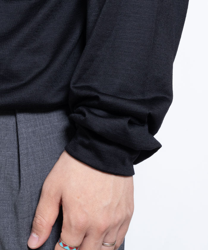 【INTÉRIM】EXTRA FINE MERINO WOOL JERSEY HENRY - BLACK / インテリム エクストラファイン メリノウール ジャージー ヘンリーネック 長袖カットソー 日本製 ロンT 正規取扱店 神奈川 鎌倉