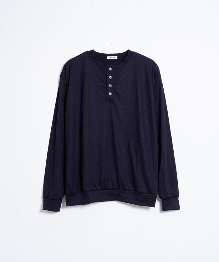 【INTÉRIM】EXTRA FINE MERINO WOOL JERSEY HENRY - D.NAVY / インテリム エクストラファイン メリノウール ジャージー ヘンリーネック 長袖カットソー ロンT 日本製 正規取扱店 通販 オンラインショップ