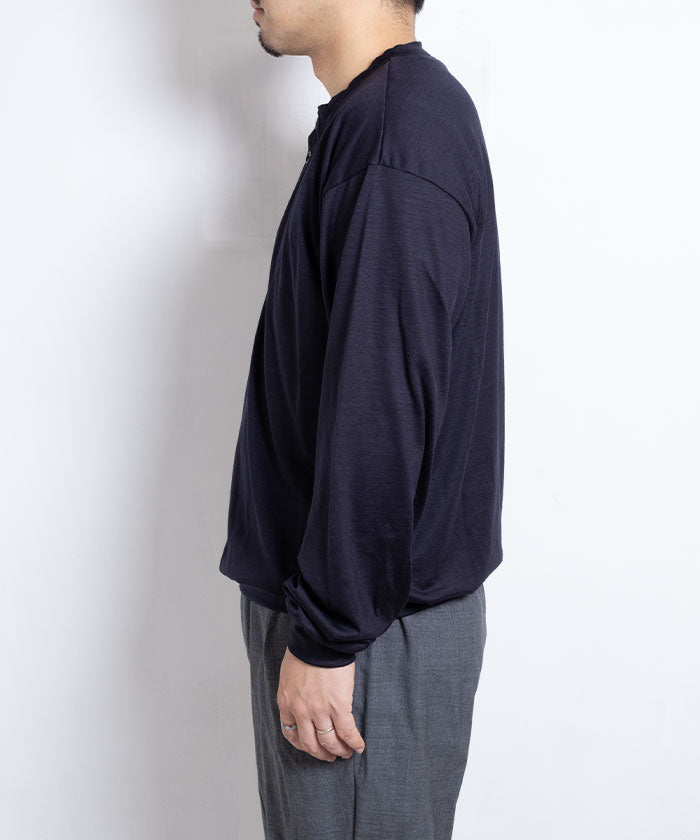 【INTÉRIM】EXTRA FINE MERINO WOOL JERSEY HENRY - D.NAVY / インテリム エクストラファイン メリノウール ジャージー ヘンリーネック 長袖カットソー ロンT 日本製 正規取扱店 通販 オンラインショップ