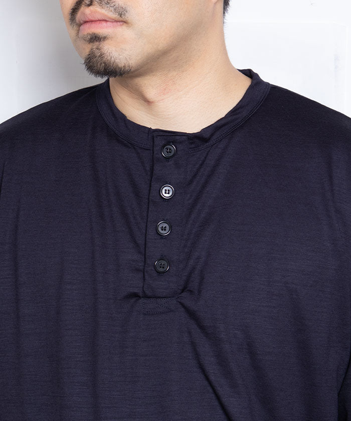 【INTÉRIM】EXTRA FINE MERINO WOOL JERSEY HENRY - D.NAVY / インテリム エクストラファイン メリノウール ジャージー ヘンリーネック 長袖カットソー ロンT 日本製 正規取扱店 通販 オンラインショップ