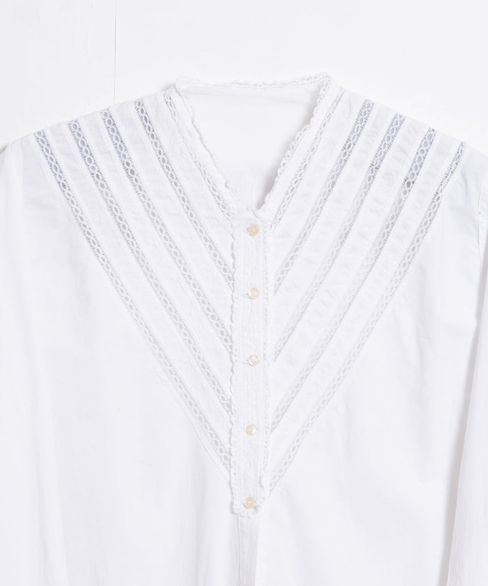 FRENCH ANTIQUE LACE TRIM WHITE COTTON BLOUSE