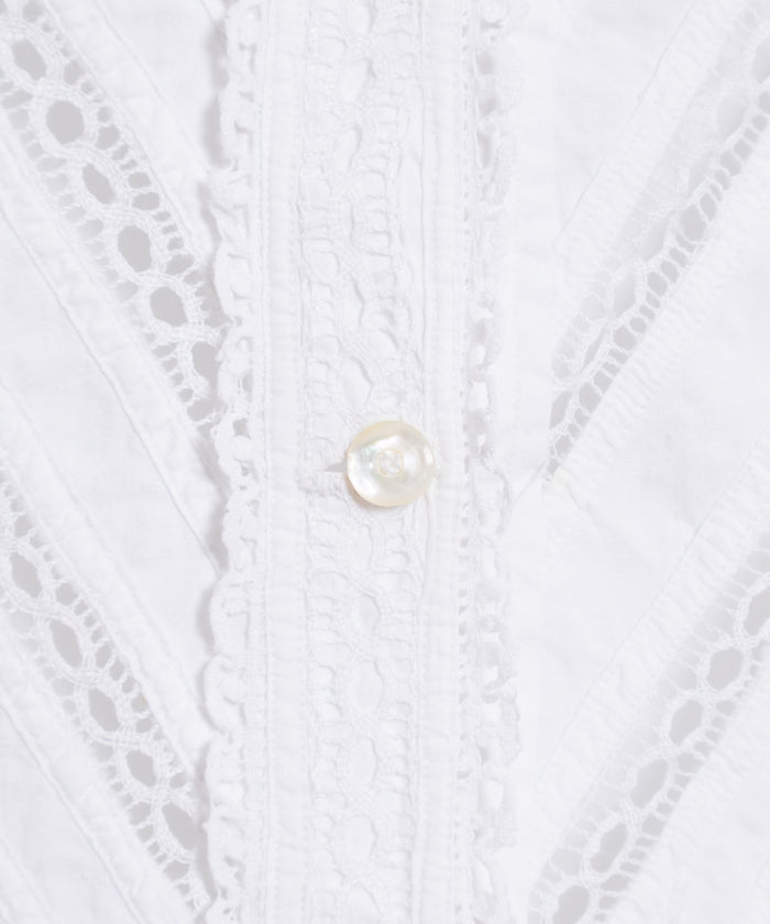 FRENCH ANTIQUE LACE TRIM WHITE COTTON BLOUSE