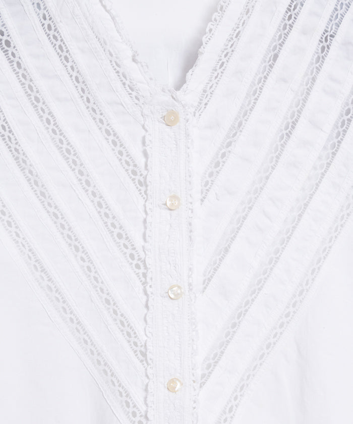 FRENCH ANTIQUE LACE TRIM WHITE COTTON BLOUSE