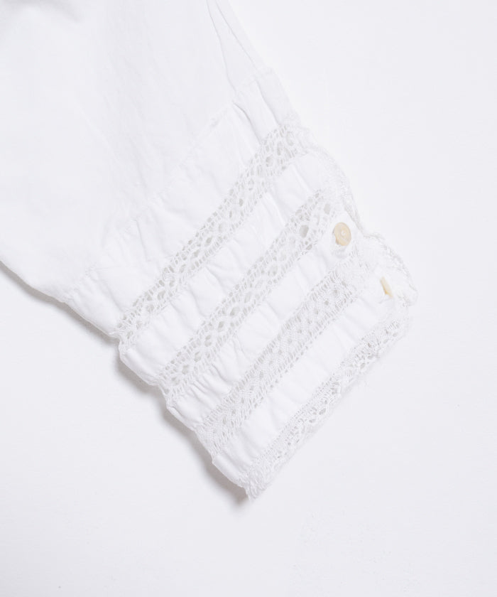 FRENCH ANTIQUE LACE TRIM WHITE COTTON BLOUSE