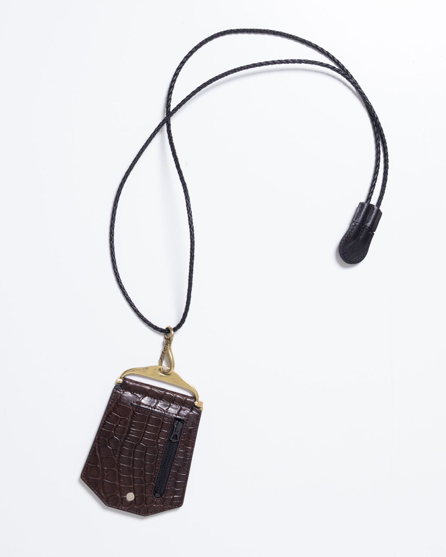 AUBERGE GLAND C D.BROWN×BLACK クロコダイル ネックウォレット 全体イメージ