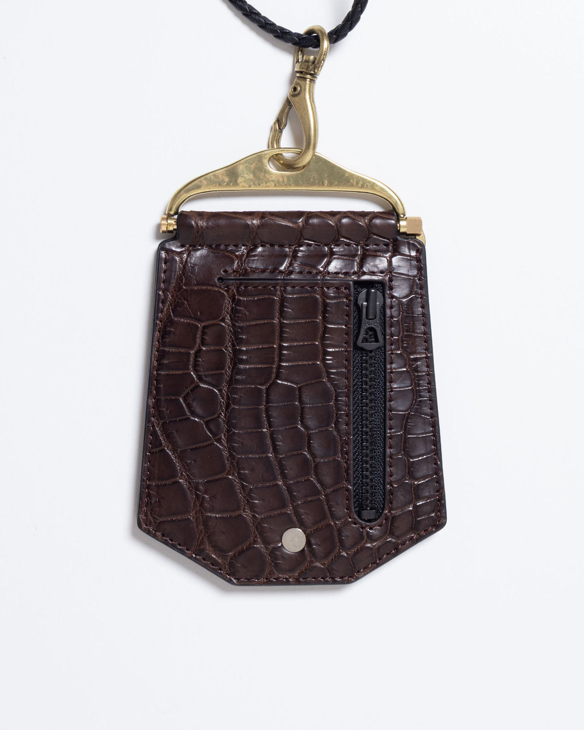 AUBERGE GLAND C D.BROWN×BLACK どんぐりモチーフ クロシェット型ネックウォレット 正面