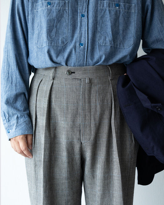 NEAT 2026AW GLEN CHECK WIDE BLACK×WHITE ワイドスラックス 着用画像 フロント ウエスト