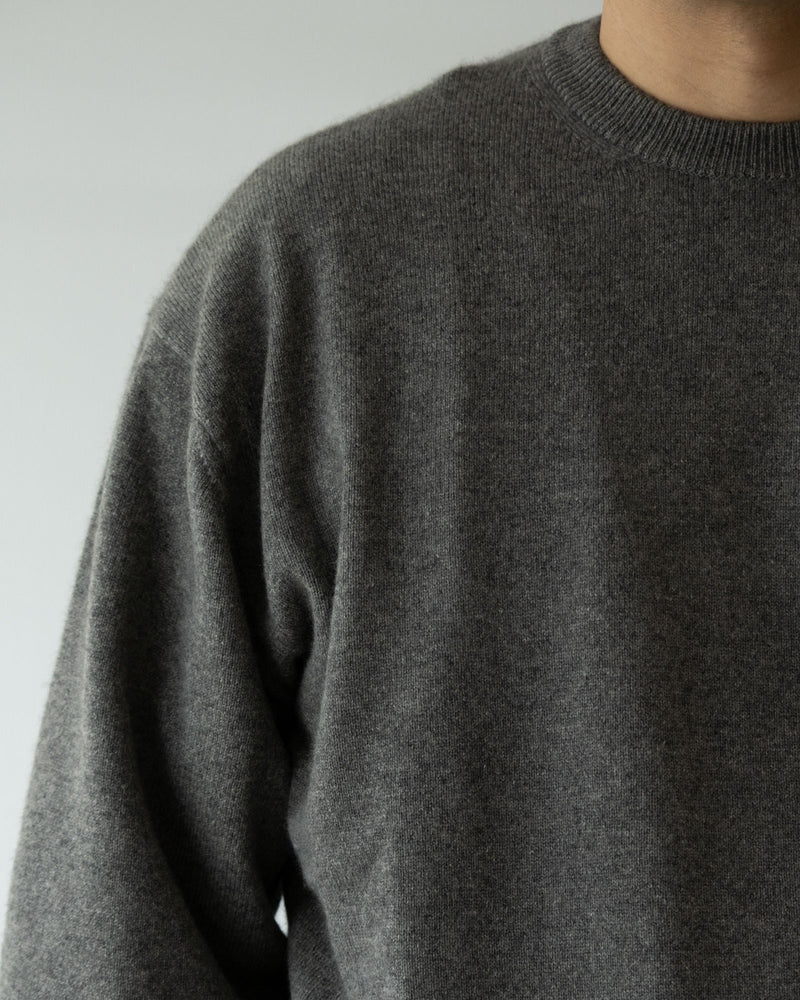 HERILL GOLDENCASH PULLOVER GRAY カシミヤ クルーネックニット クルーネック部分 拡大 着用画像