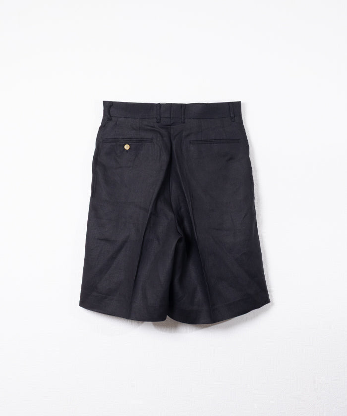 【INTÉRIM】HIGH COUNT LINEN CLOTH 2TUCK BUTTON SHORTS - BLACK / インテリム ハイカウント リネン クロス 2タック ボタン ショーツ 2026ss 2026春夏 正規取扱店 神奈川 鎌倉 ARZACH KAMAKURA オンラインショップ 通販