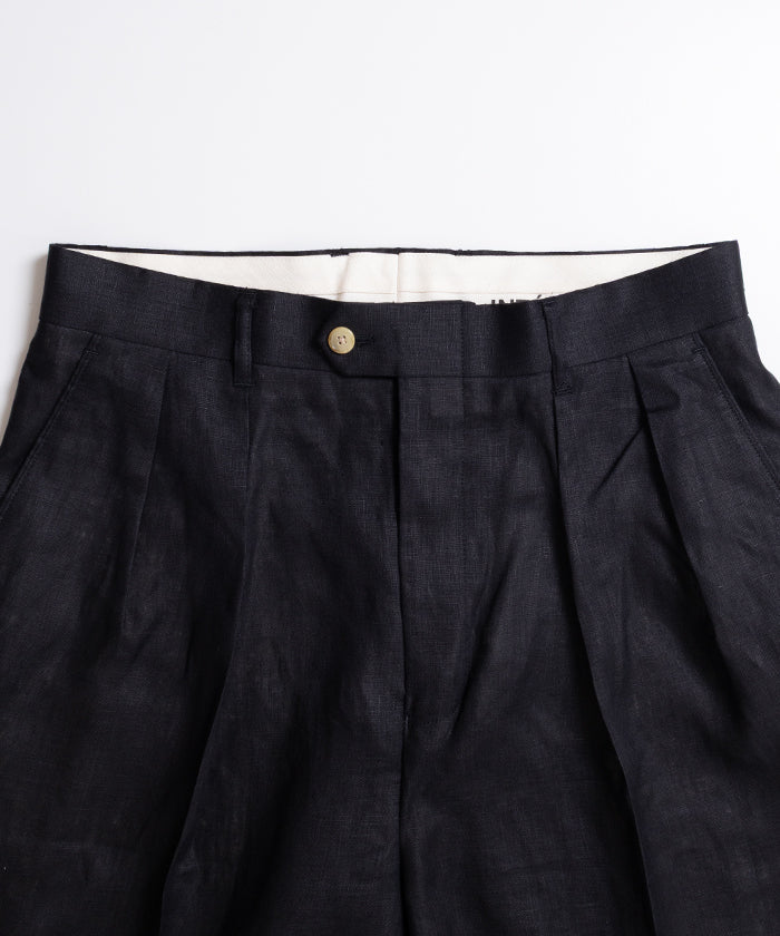 【INTÉRIM】HIGH COUNT LINEN CLOTH 2TUCK BUTTON SHORTS - BLACK / インテリム ハイカウント リネン クロス 2タック ボタン ショーツ 2026ss 2026春夏 正規取扱店 神奈川 鎌倉 ARZACH KAMAKURA オンラインショップ 通販