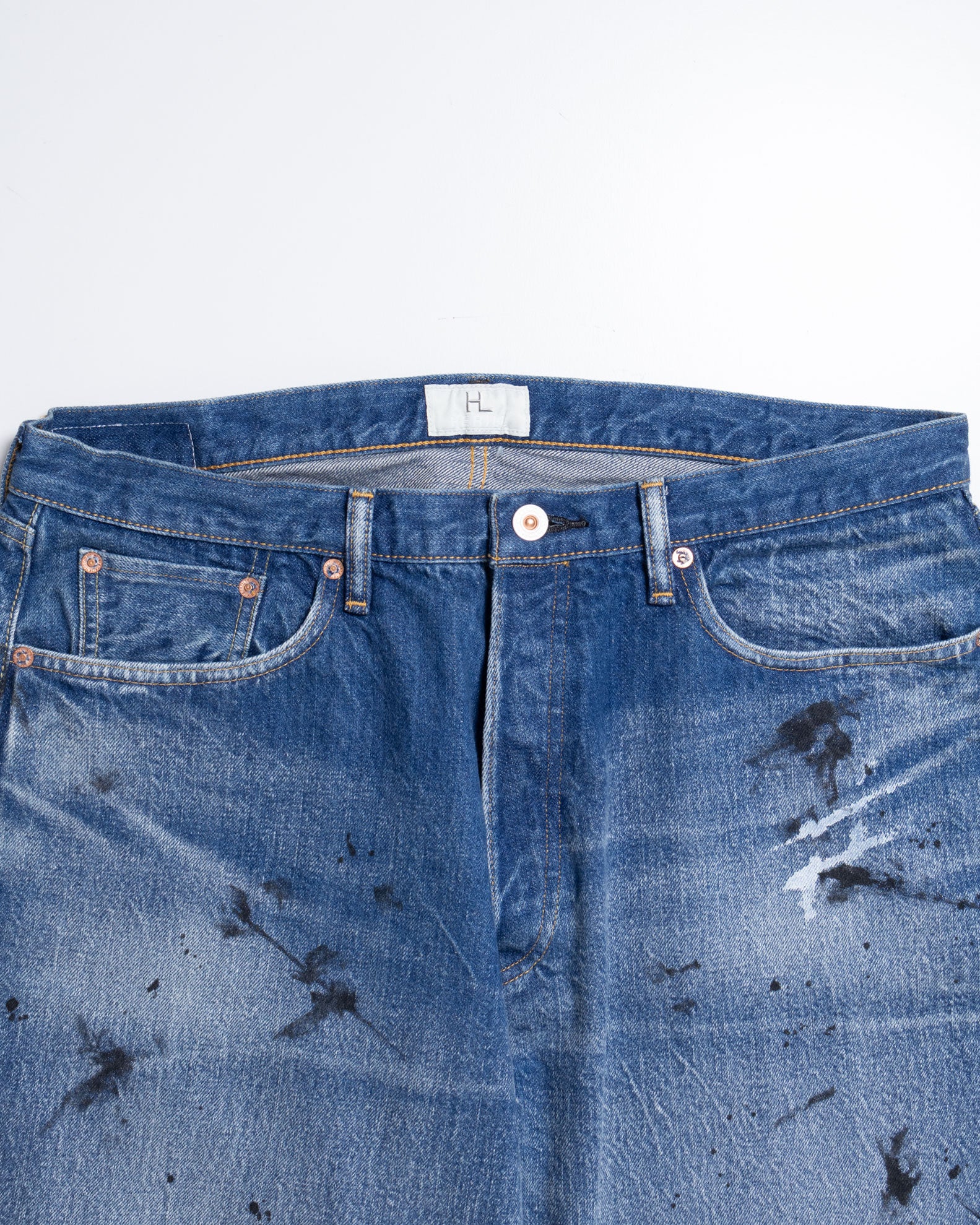 HERILL HL RUGGED DENIM SPLASHWORN ウエスト タックボタン ペンキ加工 ディテール