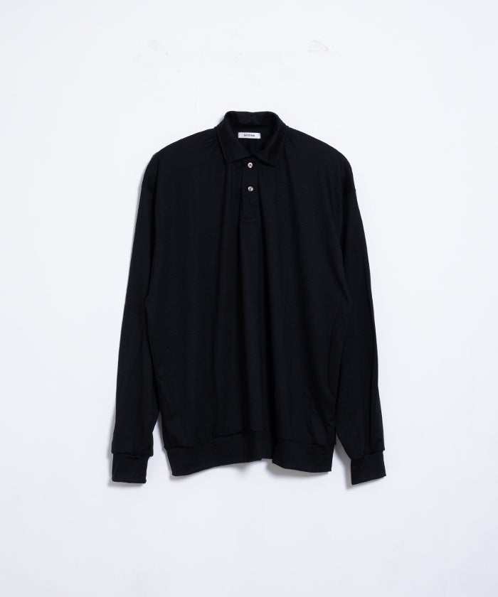 【INTÉRIM】HYPER BIG EXTRA FINE MERINO WOOL JERSEY LONG POLO SHIRT - BLACK / インテリム ハイパービッグ エクストラファインメリノウール ジャージー 長袖ポロシャツ ブラック 2025SS 2025春夏正規取扱店 神奈川 鎌倉 オンラインショップ 通販
