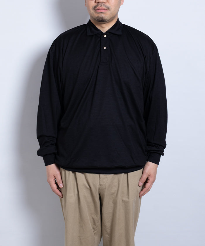 HYPER BIG EXTRA FINE MERINO WOOL JERSEY LONG POLO SHIRT - BLACK