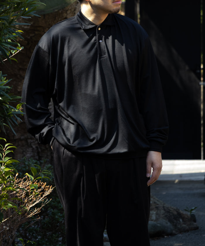 【INTÉRIM】HYPER BIG EXTRA FINE MERINO WOOL JERSEY LONG POLO SHIRT - BLACK / インテリム ハイパービッグ エクストラファインメリノウール ジャージー 長袖ポロシャツ ブラック 2025SS 2025春夏正規取扱店 神奈川 鎌倉 オンラインショップ 通販