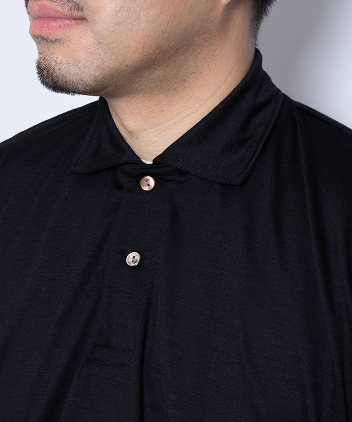 HYPER BIG EXTRA FINE MERINO WOOL JERSEY LONG POLO SHIRT - BLACK