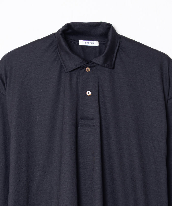 EXTRA FINE MERINO WOOL JERSEY HYPER BIG LONG POLO SHIRT - BLACK