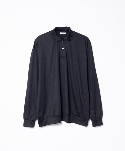 EXTRA FINE MERINO WOOL JERSEY HYPER BIG LONG POLO SHIRT - BLACK