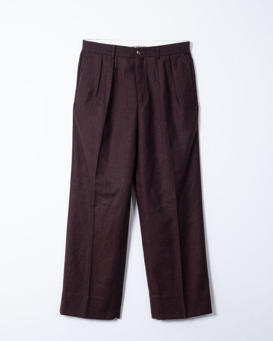 INDIA WOOL CLASSIC HERRINGBONE WITH LEATHER PIPING 2-TUCK STRAIGHT SLACKS - BROWN