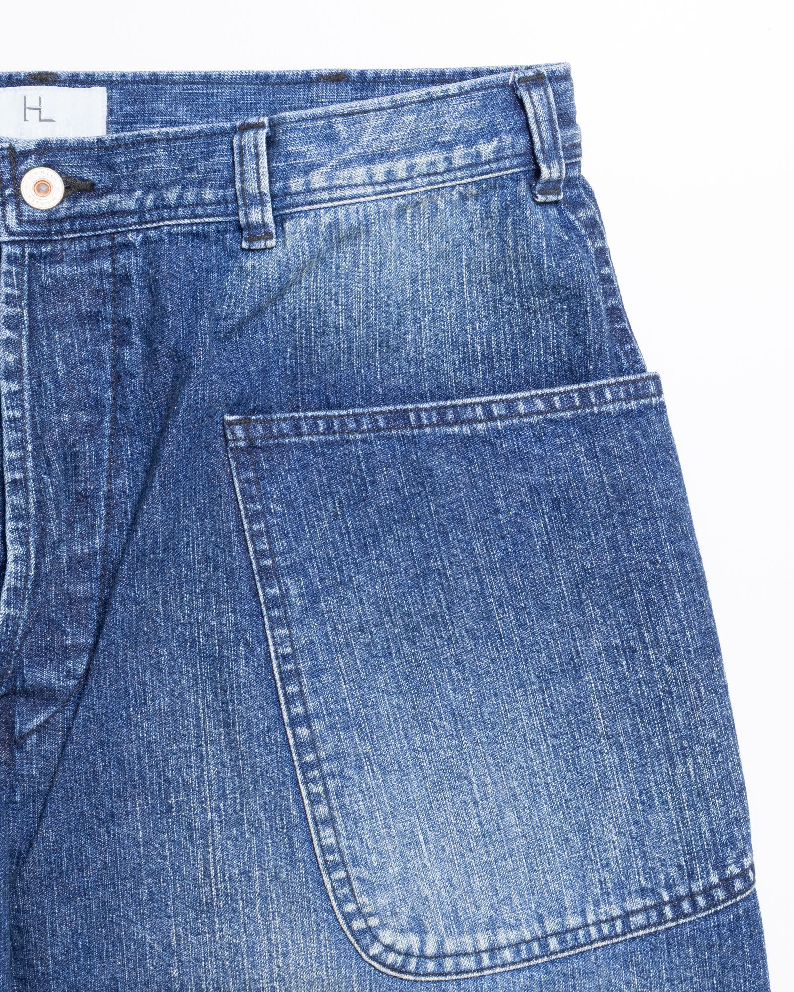 HERILL NAVY DENIM UTILITY PANTS エイジング加工ディテール