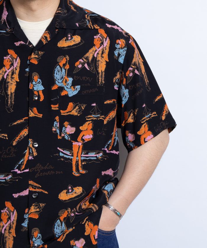 【Aloha Blossom】RYUKYU SOUVENIOR SHORT SLEEVE / アロハブロッサム レーヨン アロハシャツ ブラック 正規取扱店 神奈川 鎌倉 オンラインショップ 通販