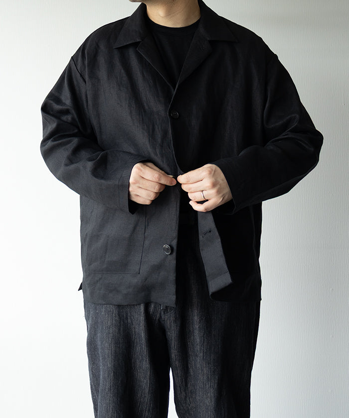 【INTÉRIM】SUITING LINEN OPEN COLLAR OVER SHIRT JACKET / インテリム スーチング リネン オープンカラー オーバーシャツジャケット ブラック 2026ss 2026春夏 正規取扱店 神奈川 鎌倉 ARZACH KAMAKURA オンラインショップ 通販