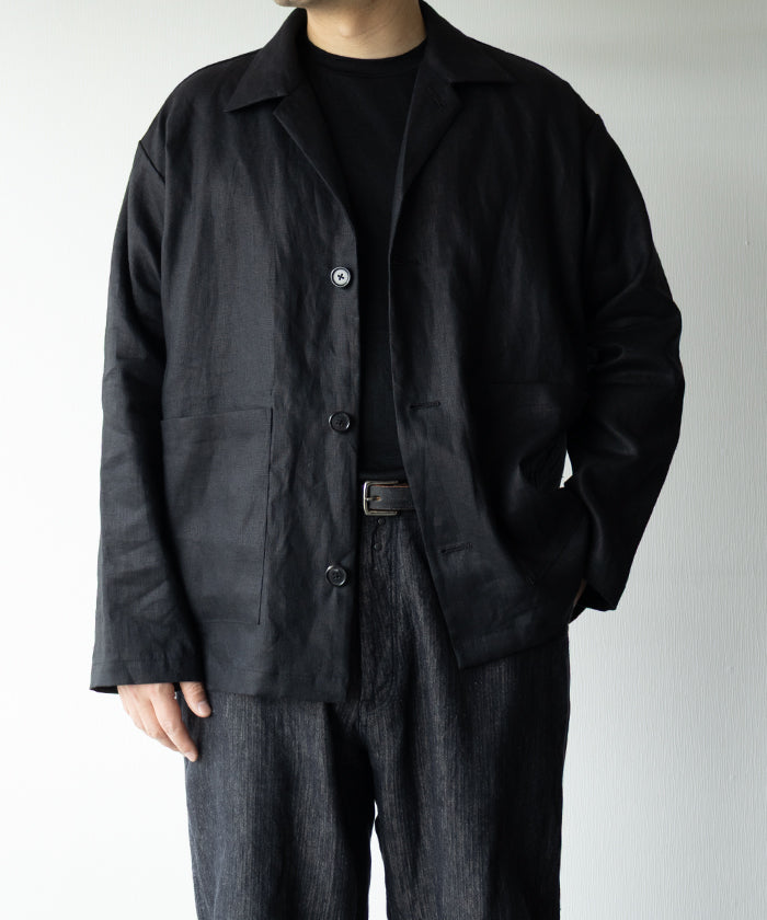 【INTÉRIM】SUITING LINEN OPEN COLLAR OVER SHIRT JACKET / インテリム スーチング リネン オープンカラー オーバーシャツジャケット ブラック 2026ss 2026春夏 正規取扱店 神奈川 鎌倉 ARZACH KAMAKURA オンラインショップ 通販