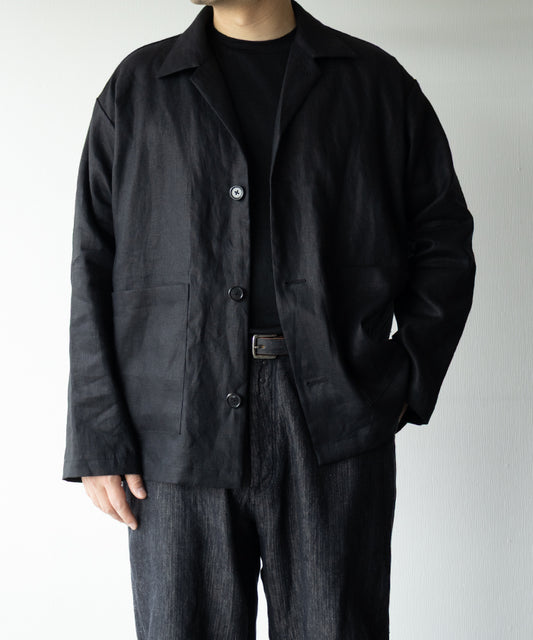 【INTÉRIM】SUITING LINEN OPEN COLLAR OVER SHIRT JACKET / インテリム スーチング リネン オープンカラー オーバーシャツジャケット ブラック 2026ss 2026春夏 正規取扱店 神奈川 鎌倉 ARZACH KAMAKURA オンラインショップ 通販