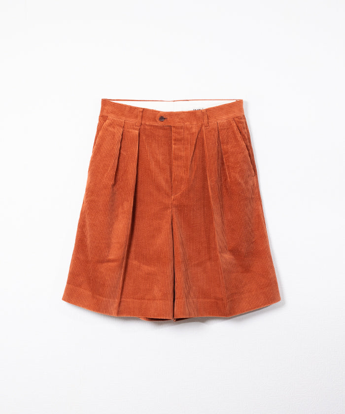 【INTÉRIM】WIDE COTTON SUMMER CORDUROY DEADSTOCK FABRIC ２TUCK BUTTON SHORTS - ORANGE インテリム ワイド コットン サマー コーデュロイ デッドストックファブリック 2タック ボタン ショーツ オレンジ 2026ss 2026春夏 正規取扱店 神奈川 鎌倉 アルザック鎌倉オンラインショップ 通販