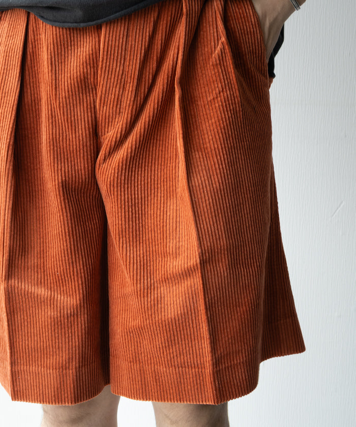 【INTÉRIM】WIDE COTTON SUMMER CORDUROY DEADSTOCK FABRIC ２TUCK BUTTON SHORTS - ORANGE インテリム ワイド コットン サマー コーデュロイ デッドストックファブリック 2タック ボタン ショーツ オレンジ 2026ss 2026春夏 正規取扱店 神奈川 鎌倉 アルザック鎌倉オンラインショップ 通販