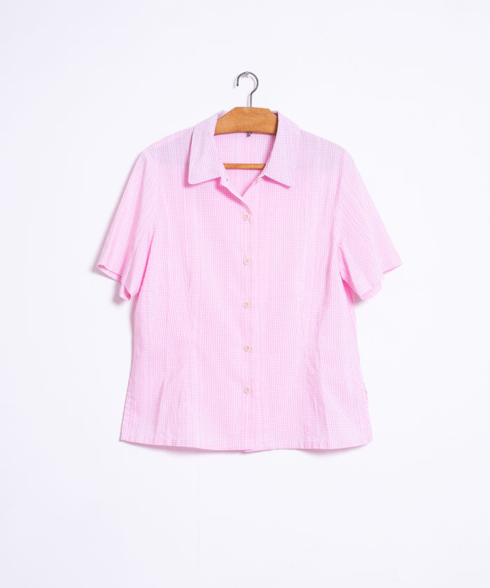 1980's FRENCH SHORT SLEEVE BLOUSE GINGHAM CHECK / ビンテージ フランス製 半袖ブラウス 半袖シャツ ピンク