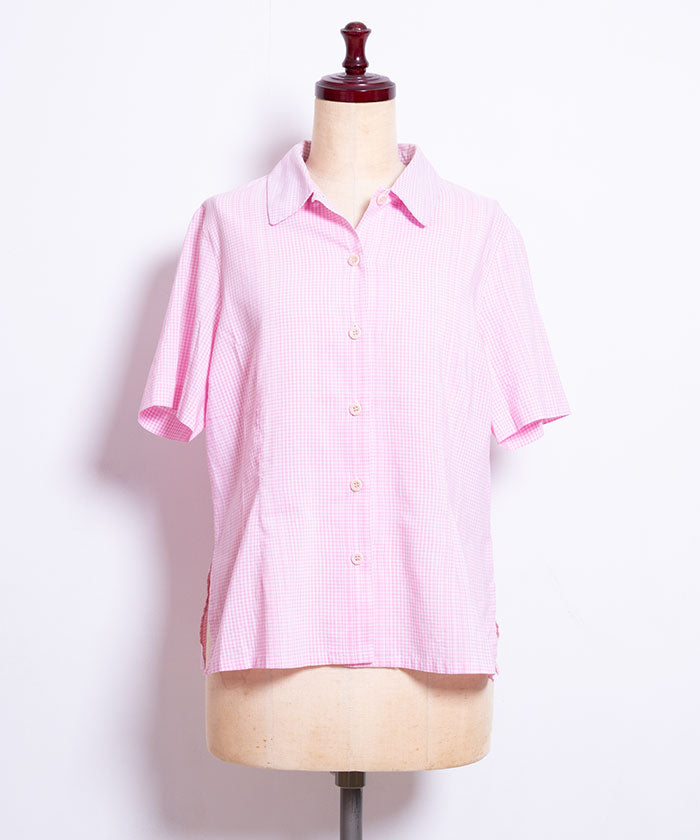 1980's FRENCH SHORT SLEEVE BLOUSE GINGHAM CHECK / ビンテージ フランス製 半袖ブラウス 半袖シャツ ピンク