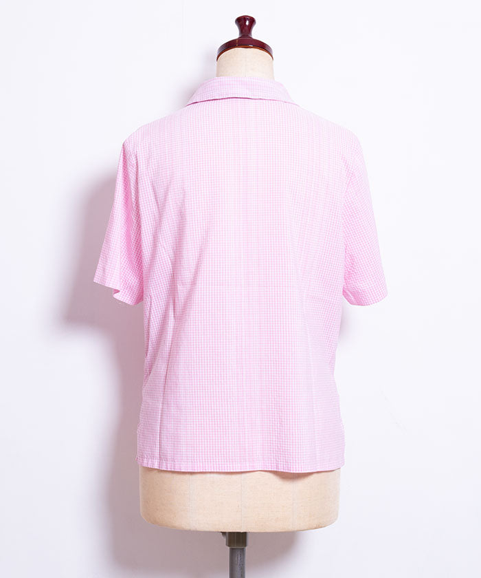 1980's FRENCH SHORT SLEEVE BLOUSE GINGHAM CHECK / ビンテージ フランス製 半袖ブラウス 半袖シャツ ピンク