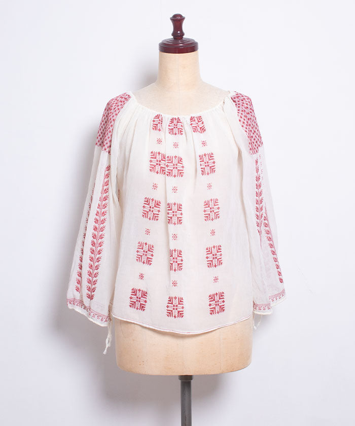 940’s ROMANIAN COTTON GAUZE RED EMBROIDERY BLOUSE / ルーマニアン コットンガーゼ 刺繍 ブラウス ヴィンテージ アンティーク