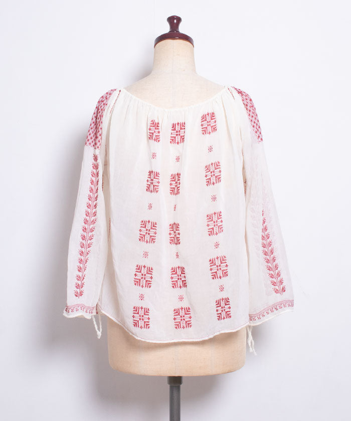 940’s ROMANIAN COTTON GAUZE RED EMBROIDERY BLOUSE / ルーマニアン コットンガーゼ 刺繍 ブラウス ヴィンテージ アンティーク