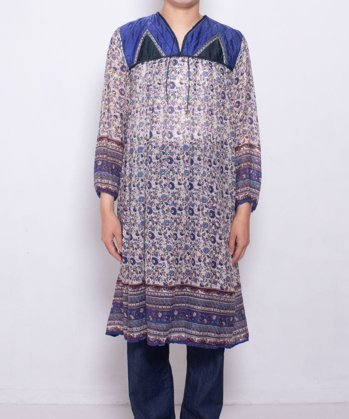 1970’s INDIAN COTTON DRESS WITH MULTI COLOR LUREX THREADS / ビンテージ インド綿ワンピース