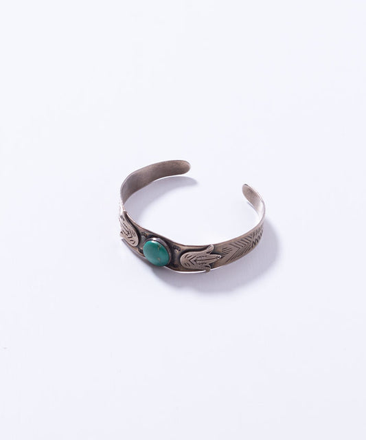 VINTAGE NAVAJO TURQUOISE & CACTUS FLOWER APPLIQUE CUFF BRACELET / ビンテージ フレッドハービー ナバホ シルバーバングル