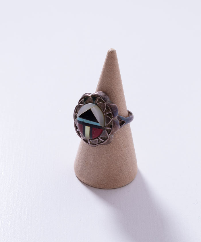 VINTAGE ZUNI STERLING SILVER MULTI STONE MOSAIC INLAY RING / ヴィンテージ ズニ シルバーリング